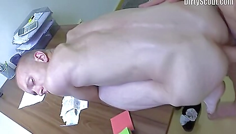 Bald-headed Hottie Getting Banged In On A Desk